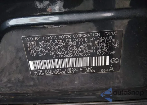 2008 Lexus Is 250 from USA, damaged, VIN JTHBK262285070359